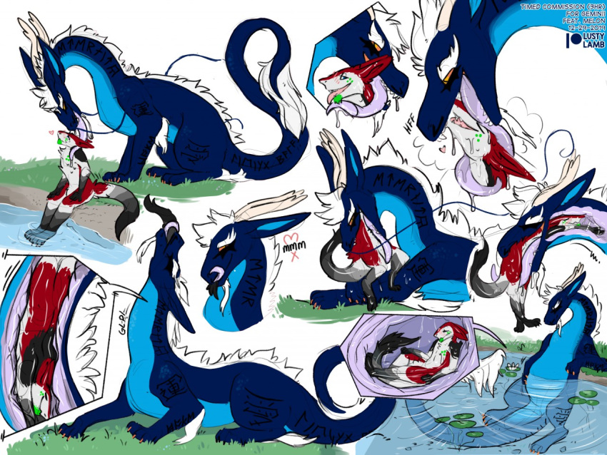 &lt;3 asian_mythology belly blush bodily_fluids conditional_dnp dragon east_asian_mythology eastern_dragon geminii grass hybrid internal intimate lake licking lustylamb mythology outside saliva sea_serpent sergal size_difference soft_vore stomach tongue tongue_out vore