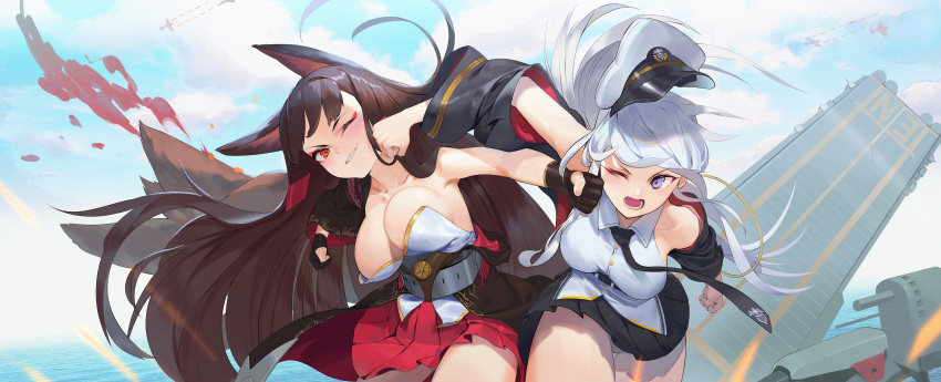 2girls absurdres akagi_(azur_lane) animal_ears azur_lane bare_shoulders black_neckwear black_skirt blue_sky breasts brown_hair buttons cleavage collarbone collared_shirt commentary day english_commentary enterprise_(azur_lane) face_punch fox_ears fox_tail grin hat highres huge_filesize in_the_face kyma_curry kyuubi large_breasts looking_at_another military_hat multiple_girls multiple_tails necktie ocean one_eye_closed outdoors panties pantyshot pantyshot_(standing) peaked_cap pleated_skirt punching purple_eyes red_eyes red_eyeshadow red_skirt sakuramon shirt silver_hair skirt sky smile standing tail teeth underwear white_panties