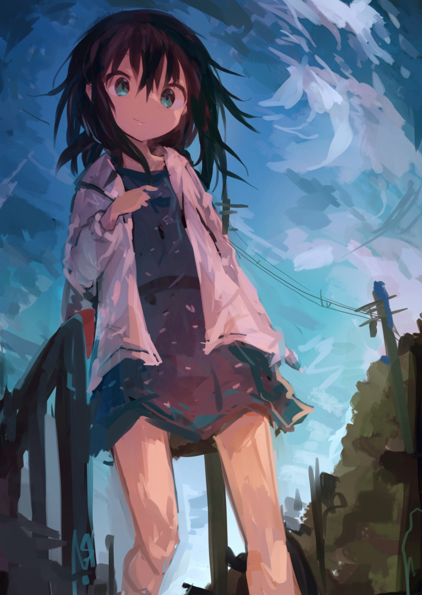 1girl absurdres bangs black_hair blue_dress blue_eyes day dress fubuki_(kantai_collection) hair_between_eyes highres jacket kaamin_(mariarose753) kantai_collection long_sleeves outdoors ponytail power_lines sky smile solo telephone_pole white_jacket