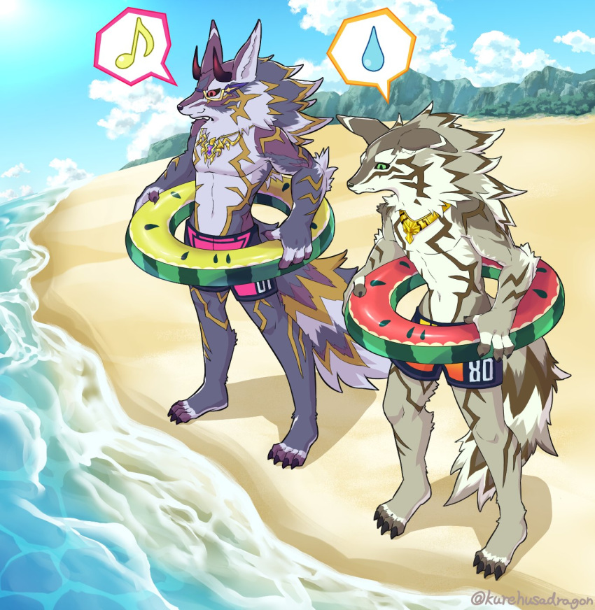 bael_(tas) beach bottomwear canid canine canis clothing demon horn inner_tube jackal jewelry kurehusadragon male mammal muscular muscular_male seaside seth_(tas) shorts tokyo_afterschool_summoners video_games