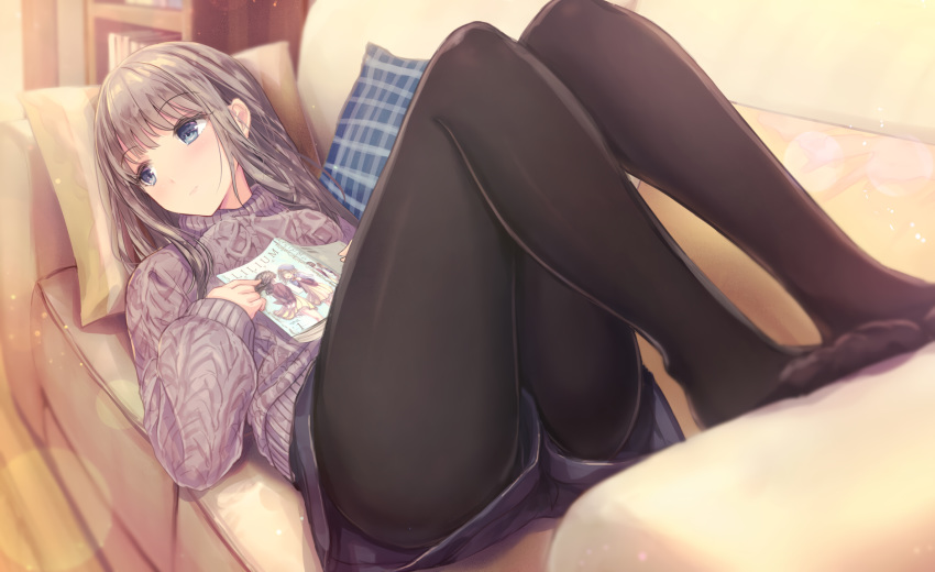 apple228 blue_eyes blush book brown_hair couch original pantyhose