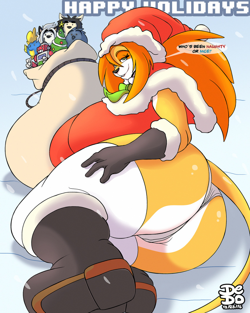 anthro big_butt butt christmas clothing dialogue felid female holidays lion lionalliance mammal pantherine snow solo thick_thighs