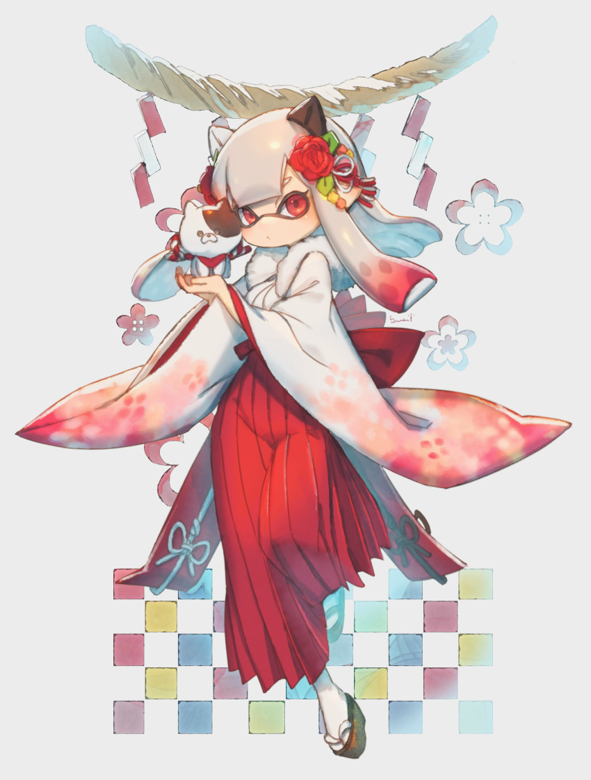 1girl absurdres animal animal_ears artist_name bangs blunt_bangs brown_footwear cat_ears commentary_request domino_mask floral_print flower gradient_hair hair_flower hair_ornament hakama_skirt high-waist_skirt highres holding holding_animal inkling japanese_clothes kimono kojajji-kun_(splatoon) leg_up long_hair long_sleeves looking_at_viewer mask miko multicolored_hair pink_hair pink_kimono pointy_ears red_eyes red_footwear red_skirt sandals signature skirt solo splatoon_(series) standing table tentacle_hair white_hair white_kimono white_legwear white_sleeves yu-ri