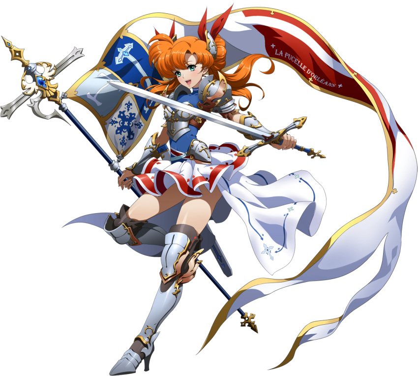 1girl :d armor armored_boots banner blue_shirt boots bow breastplate floating_hair full_body hair_bow high_heel_boots high_heels highres holding holding_sword holding_weapon langrisser langrisser_iii long_hair miniskirt official_art orange_hair pleated_skirt red_bow shiny shiny_hair shiny_skin shirt shoulder_armor skirt smile solo standing standing_on_one_leg sword tiaris_(langrisser) transparent_background turtleneck twintails weapon white_skirt