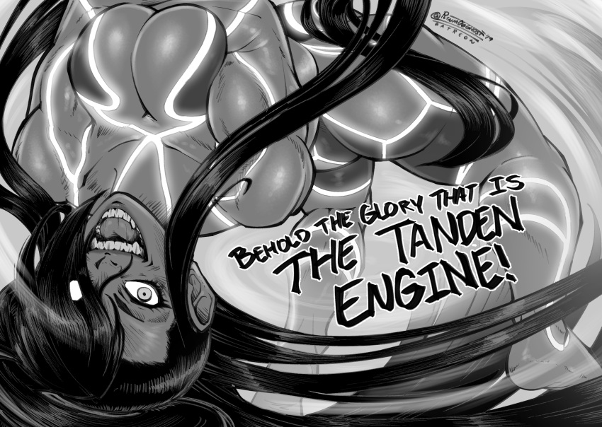 1girl ass black_hair black_skin breasts commentary crossed_arms english_commentary english_text gameplay_mechanics glowing glowing_eye greyscale hair_over_one_eye highres joe_shimamura large_breasts looking_at_viewer metal_skin monochrome muscle muscular_female neon_trim nude patreon_username seth_(street_fighter) sharp_teeth shouting solo street_fighter street_fighter_v teeth two-tone_skin upside-down wind yin_yang_orb