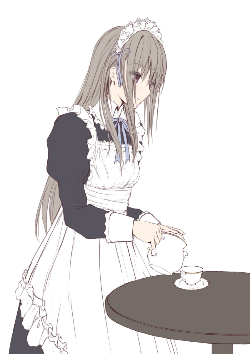 1girl apron bangs black_dress blue_ribbon closed_mouth collared_dress cup dress eyebrows_visible_through_hair eyes_visible_through_hair grey_hair hair_between_eyes highres holding_teapot juliet_sleeves light_smile long_hair long_sleeves looking_away maid maid_apron maid_headdress missile228 neck_ribbon original puffy_sleeves red_eyes ribbon saucer simple_background solo table teacup teapot very_long_hair white_apron white_background