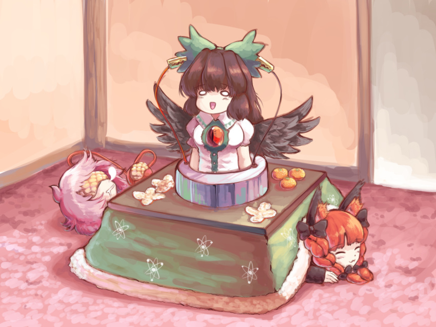 3girls :3 :d animal_ear_fluff atom bangs black_bow black_hair black_wings blank_eyes blouse blunt_bangs bow braid carpet clamps closed_mouth commentary_request drooling eyebrows_visible_through_hair feathered_wings food fruit fur_trim green_bow hair_bow indoors kaenbyou_rin komeiji_satori kotatsu long_hair long_sleeves lying mandarin_orange multiple_girls nose_bubble o_o on_back on_stomach open_mouth puffy_short_sleeves puffy_sleeves reiuji_utsuho short_hair short_sleeves sidelocks sleep_mask sleeping smile standing sunyup table third_eye touhou twin_braids upper_body warming white_blouse wings wire