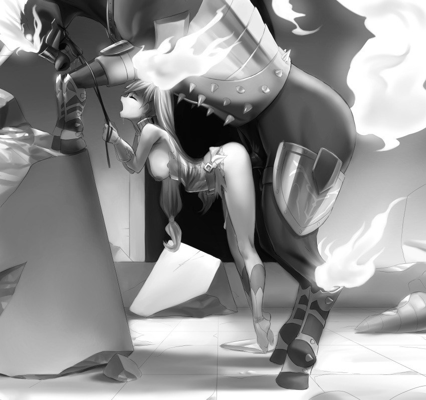 1girl armor bent_over bestiality breasts breasts_outside closed_eyes deep_penetration doggystyle dress frey_(rune_factory) gloves greyscale hetero highres horse horse_penis huge_penis jiffic kneehighs legs lifting_person long_hair long_legs medium_breasts moaning monochrome nipples open_mouth penis plantar_flexion puffy_nipples reins rune_factory rune_factory_4 sex stomach_bulge torn_clothes torn_dress vaginal