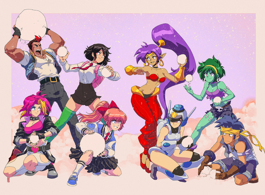 2019 2boys 6+girls alarm_siren backpack bag black_hair bolo_(shantae) bra bracer breasts character_request choker cleavage collar commentary company_connection crossover dark_skin david_liu earrings english_commentary facial_tattoo fingerless_gloves gloves green_legwear green_skin hair_ornament harem_pants headband heart helmet high-waist_shorts highres hoop_earrings jacket jewelry knee_pads kunio-kun_series kyoko_(kunio-kun) leotard letterman_jacket long_hair long_legs medium_breasts mighty_(series) mighty_switch_force! misako_(kunio-kun) multiple_boys multiple_crossover multiple_girls necktie orange_hair pants patricia_wagon pink_hair pleated_skirt pointy_ears pointy_shoes ponytail purple_hair red_eyes river_city_girls rottytops school_uniform shantae_(character) shantae_(series) shoes skirt smile snowball snowball_fight snowing spiked_collar spiked_hair spikes strapless strapless_bra tattoo thighhighs underwear very_long_hair wayforward winter x_hair_ornament zombie