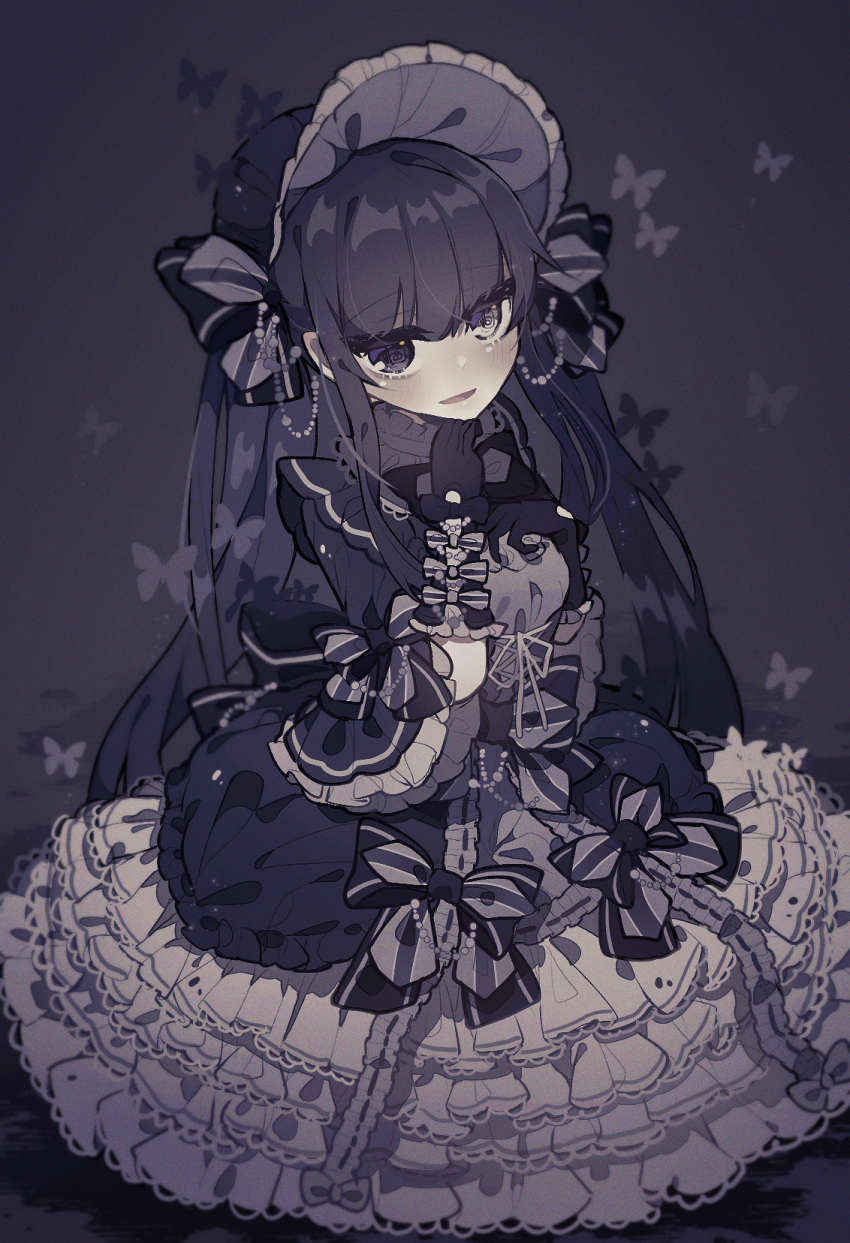 1girl @_@ apron black_gloves blurry blush bug butterfly depth_of_field dress elbow_gloves frilled_dress frills glove_bow gloves gothic_lolita hand_on_own_chest hand_on_own_chin highres insect layered_dress lolita_fashion long_hair looking_at_viewer mogmogyasai monochrome original purple_background purple_eyes purple_hair purple_theme simple_background smile solo very_long_hair vignetting