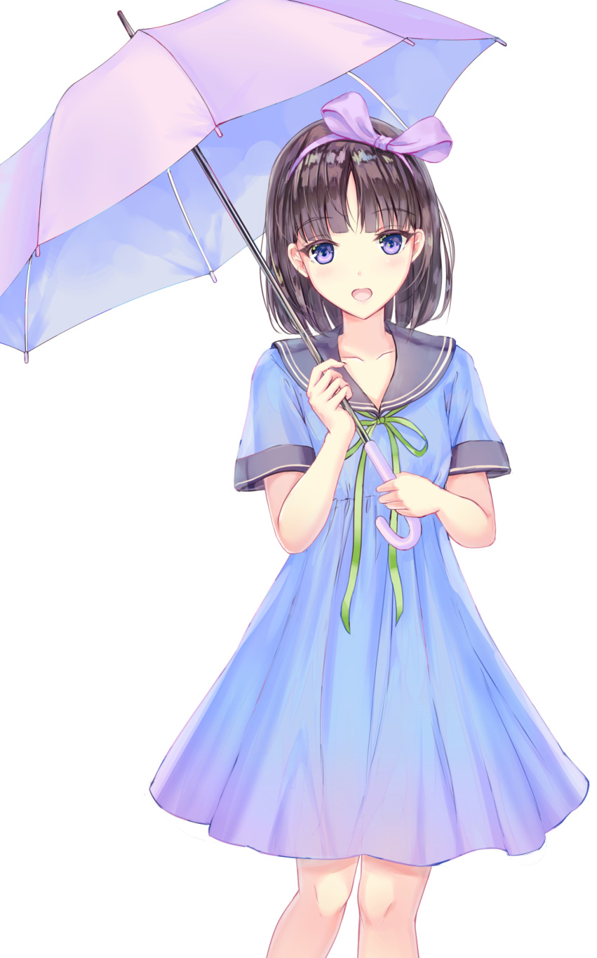 1girl bangs black_sailor_collar blue_dress blush bow breasts brown_hair collarbone dress eyebrows_visible_through_hair green_ribbon hair_bow hairband highres holding holding_umbrella looking_at_viewer missile228 neck_ribbon open_mouth original purple_bow purple_eyes purple_hairband purple_umbrella ribbon sailor_collar sailor_dress short_sleeves small_breasts solo umbrella