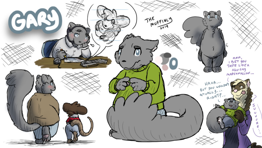 2019 anthro ashley_(themuffinly) bio blush clothing digital_media_(artwork) featureless_crotch female fur gary_(themuffinly) grey_body grey_fur imminent_vore infatuation male mammal mouse muffin_(themuffinly) murid murine mustelid nude rodent sciurid size_difference slightly_chubby themuffinly tongue tongue_out vore