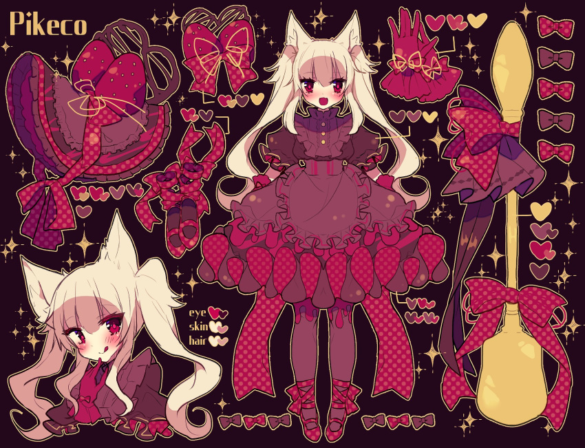 1girl :d :p animal_ears ankle_strap apron blonde_hair blush bow dark_background dress fox_ears frilled_dress frills full_body gloves hand_to_own_mouth heart highres looking_at_viewer mogmogyasai open_mouth original polka_dot red_eyes red_footwear red_gloves red_legwear red_theme sidelocks simple_background smile solo sparkle spoon tagme tongue tongue_out twintails