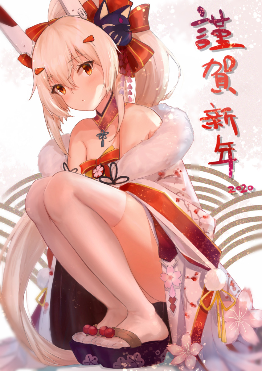 1girl 2020 absurdres ayanami_(azur_lane) azur_lane bare_shoulders blonde_hair cat_mask commentary expressionless floral_print full_body hair_between_eyes hair_ribbon headgear highres japanese_clothes kimono legs long_hair looking_at_viewer mikazukicrescent new_year ponytail red_eyes red_ribbon ribbon sandals solo squatting thighhighs thighs translation_request white_kimono white_legwear