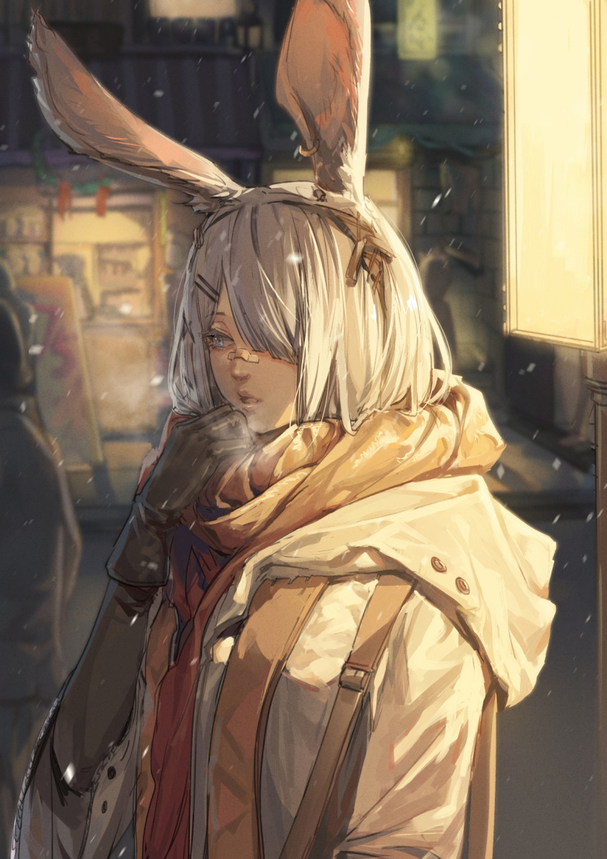 1girl animal_ears arknights bandaid bandaid_on_nose banner black_gloves blurry blurry_background breath breathing_on_hands character_request coat enpera gloves grey_hair hair_ornament hair_over_one_eye hairclip highres hood hood_down lamppost looking_away night one_eye_covered outdoors scarf shenji_laurant snowing solo storefront upper_body warming_hands winter yellow_scarf