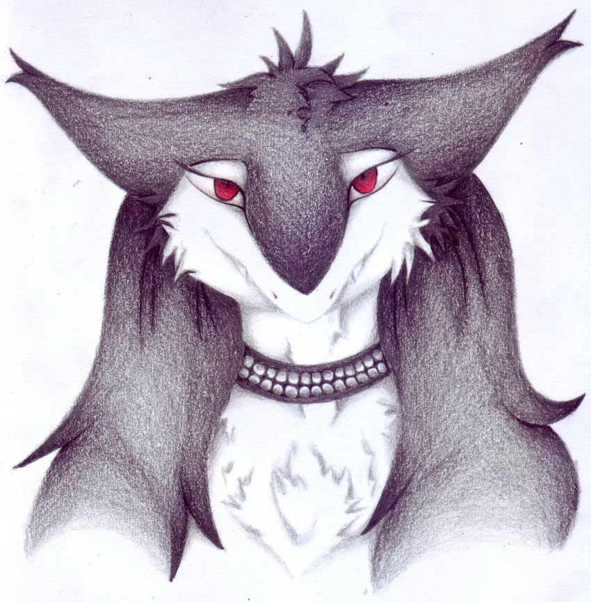 ambiguous_gender anthro big_ears black_body black_fur caleb_magness collar eyelashes fangs fluffy fur hair jewelry long_hair looking_at_viewer mammal messy_hair portrait red_eyes serenia serenia25 sergal smile smirk solo stare tuft western_sergal white_body white_fur