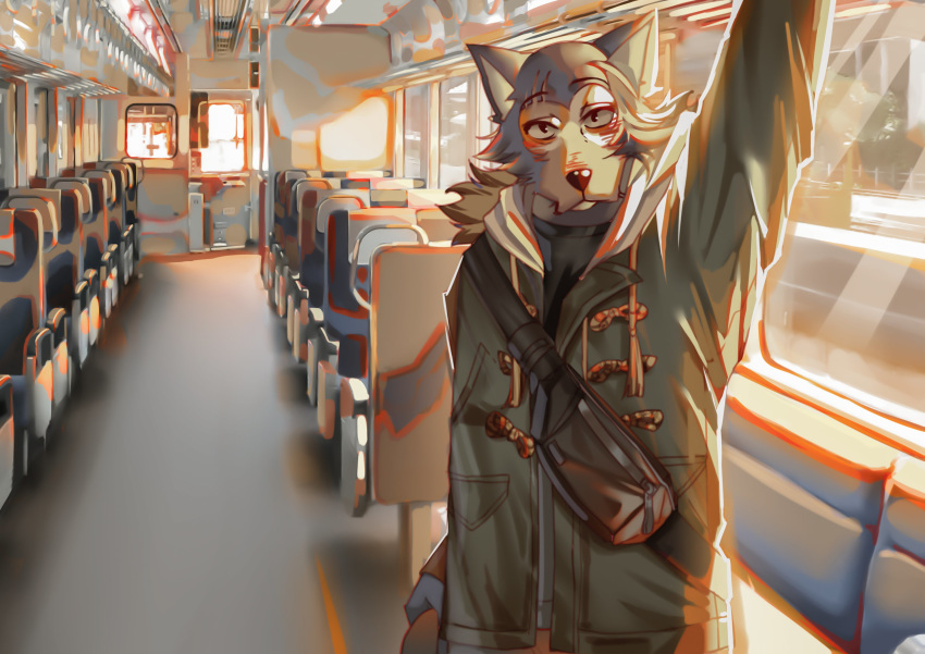 2019 anthro arthurtng beastars canid canine canis cheek_tuft clothed clothing coat detailed_background facial_tuft fur grey_body grey_fur legoshi_(beastars) light lighting looking_at_viewer mammal solo topwear tuft wolf