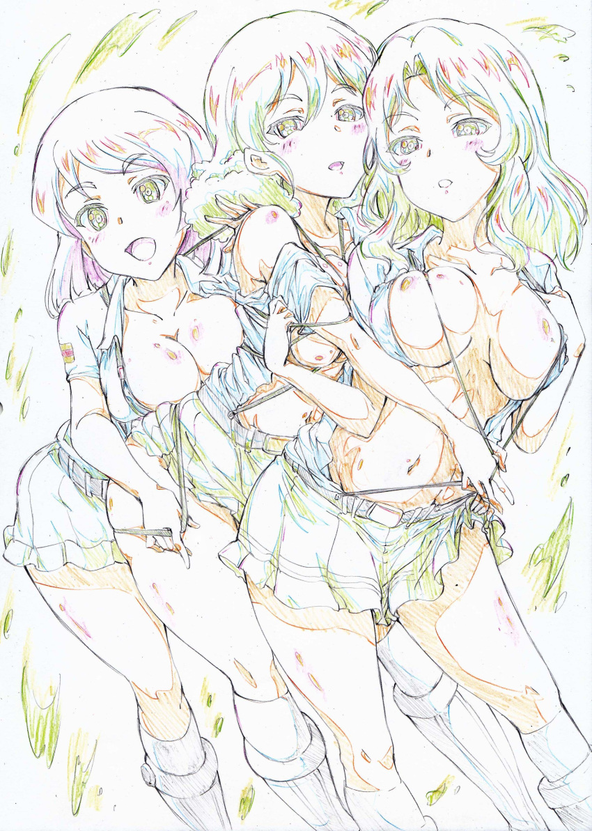 3girls absurdres aoshidan_school_uniform bangs belt blue_shirt blush boots breasts cleavage collared_shirt color_trace colored_pencil_(medium) commentary curly_hair el_(girls_und_panzer) eyebrows_visible_through_hair girl_sandwich girls_und_panzer green_skirt hair_intakes half-closed_eyes hand_on_own_chest highres hug kitazinger kneehighs large_breasts leaning_forward looking_at_viewer medium_hair multiple_girls navel open_clothes open_mouth open_shirt parted_lips pleated_skirt pulled_by_another pulled_by_self sandwiched school_uniform shirt short_hair short_sleeves skindentation skirt smile spanish_flag standing suspenders suspenders_pull swept_bangs traditional_media tristana_(girls_und_panzer) viridiana_(girls_und_panzer)