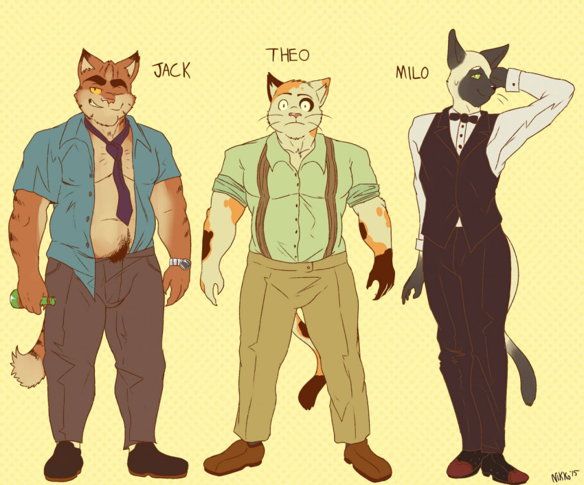 anthro black_tie_(suit) bottle calico_cat captain_nikko clock clothed clothing domestic_cat felid feline felis footwear fully_clothed hand_behind_head jack_(captain_nikko) lineup male mammal milo_(captain_nikko) necktie one_eye_closed overweight overweight_male pubes siamese suit suspenders tabby_cat tabbycat teeth text theo_hightower watch wink wristwatch