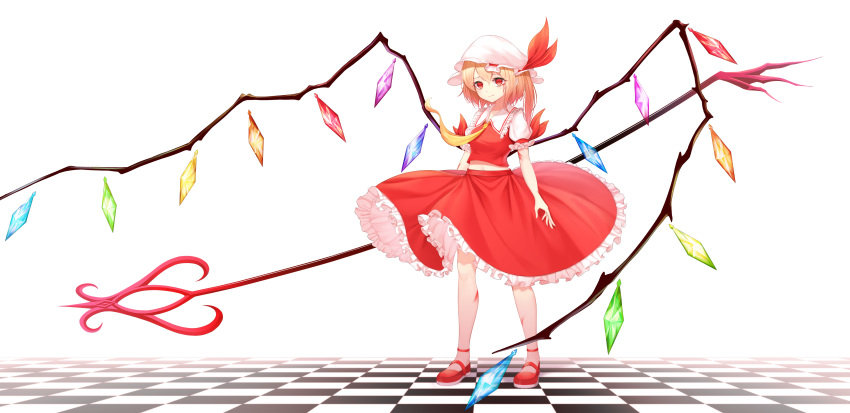 1girl absurdres ascot bangs bat_wings blonde_hair commentary crystal dress flandre_scarlet frilled_shirt frilled_shirt_collar frilled_skirt frilled_sleeves frills hat hat_ribbon highres ju-ok laevatein looking_at_viewer mob_cap one_side_up puffy_short_sleeves puffy_sleeves red_eyes red_ribbon red_skirt red_vest ribbon shirt short_hair short_sleeves side_ponytail skirt smile solo touhou vest white_shirt wings yellow_neckwear