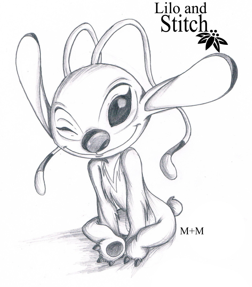 2010 3_toes alien angel_(lilo_&amp;_stitch) antennae big_head chest_markings claws copyright_name disney experiment_(species) fur greyscale hi_res inked-alpha leaning leaning_forward lilo_and_stitch looking_at_viewer markings monochrome one_eye_closed pawpads pencil_(artwork) simple_background sitting small_tail smile solo toe_claws toes traditional_media_(artwork) white_background wink