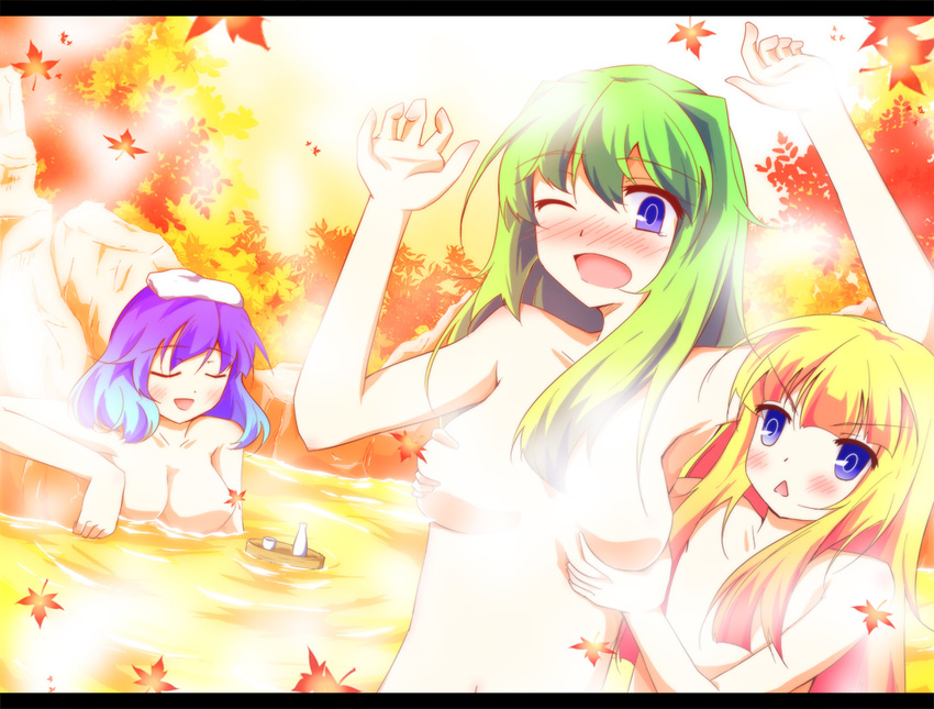 autumn breast_grab breasts censored convenient_censoring grabbing kochiya_sanae leaf medium_breasts moriya_suwako multiple_girls nanamomo_rio onsen small_breasts steam steam_censor touhou yasaka_kanako