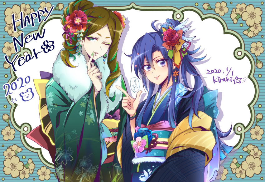 2020 2girls artist_name bear blue_eyes blue_hair bow bracelet brown_hair doll_joints drill_hair earrings english_text flower fur_collar fur_trim green_eyes green_hair hair_bun hair_flower hair_ornament highres japanese_clothes jewelry kazanari_tsubasa kimono kiraki lipstick long_sleeves looking_at_viewer makeup multicolored_hair multiple_girls new_year obi one_eye_closed phara_suyuf pointing sash senki_zesshou_symphogear side_ponytail sidelocks smile star wide_sleeves