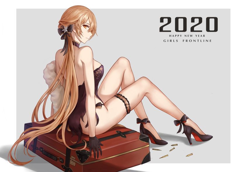 2020 ass bag bare_arms bare_legs bare_shoulders black_bow black_choker black_dress black_footwear black_panties border bow breasts brown_hair cartridge choker closed_mouth commentary_request dress flower from_behind full_body girls_frontline grey_background hair_bow hair_flower hair_ornament happy_new_year high_heels highres legs long_hair looking_at_viewer looking_back medium_breasts new_year orange_eyes ots-14_(girls_frontline) outside_border panties ponytail selcky side-tie_panties simple_background sitting thigh_strap torn_clothes torn_dress underwear very_long_hair white_border white_flower