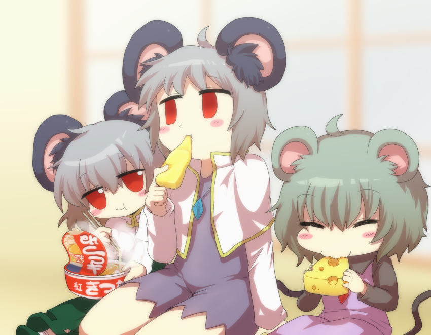 3girls :t animal_ears blush_stickers cheese chopsticks closed_eyes commentary cookie_(touhou) eating fake_nyon_(cookie) food grey_hair highres instant_udon kitsune_udon kofji_(cookie) mouse_ears multiple_girls namatama_(7lemo_can) nazrin nyon_(cookie) red_eyes sitting touhou udon