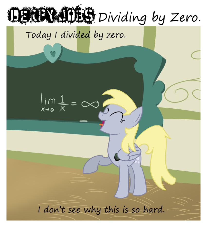 blonde_hair chalk chalkboard cutie_mark derpy_hooves_(mlp) english_text equation equid equine eraser eyes_closed feathered_wings feathers female feral friendship_is_magic fur grey_body grey_feathers grey_fur hair happy hi_res incorrect_math mammal math my_little_pony pterippus science solo text unknown_artist wings