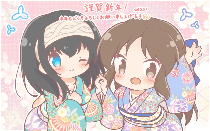 2020 2girls arm_up bangs black_hair blue_bow blue_eyes blush_stickers bow brown_eyes brown_hair cherry_blossom_print clenched_hand commentary_request eyebrows_visible_through_hair floral_print furisode hair_bow hairband half_updo highres idolmaster idolmaster_cinderella_girls interlocked_fingers japanese_clothes kimono long_hair looking_at_viewer mitarashi_neko_(aamr7853) multiple_girls new_year obi one_eye_closed open_mouth pink_background polka_dot polka_dot_background print_kimono sagisawa_fumika sash smile tachibana_arisu translation_request unmoving_pattern upper_body