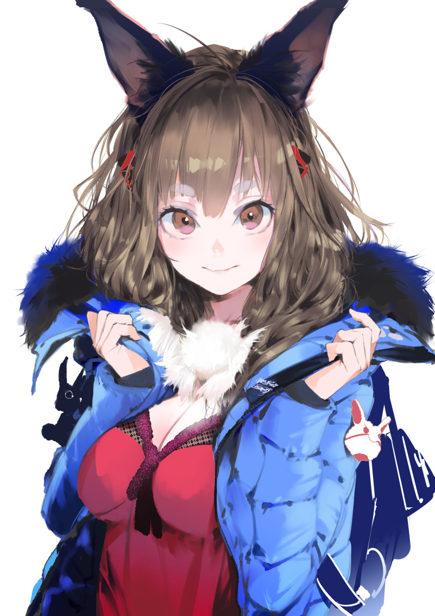 1girl animal_ear_fluff animal_ears backpack bag bag_charm bangs blue_coat breasts brown_eyes brown_hair cat_ears charm_(object) cleavage closed_mouth coat dress eyebrows_visible_through_hair fur-trimmed_coat fur_trim highres kiriyama large_breasts long_hair long_sleeves looking_at_viewer open_clothes open_coat original pom_pom_(clothes) red_dress smile solo thick_eyebrows undressing upper_body