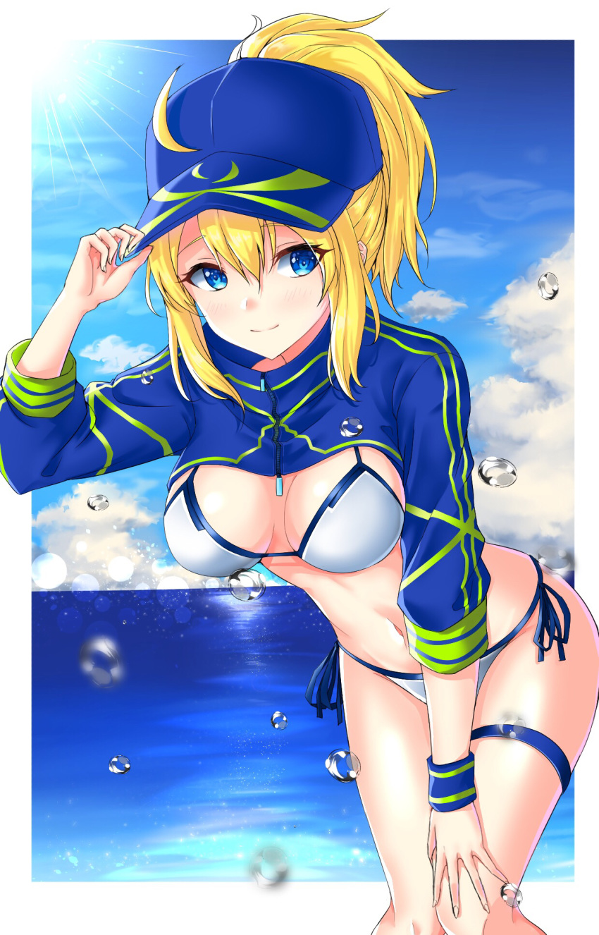 1girl adjusting_clothes adjusting_hat ahoge artoria_pendragon_(all) bangs baseball_cap bikini blonde_hair blue_eyes blue_headwear blue_sky blush border breasts cloud commentary_request cowboy_shot day eyebrows_visible_through_hair fate/grand_order fate_(series) hair_between_eyes hand_up hat highres large_breasts leaning_forward long_sleeves looking_at_viewer mysterious_heroine_xx_(foreigner) navel outdoors outside_border ponytail short_hair short_ponytail shrug_(clothing) side-tie_bikini sidelocks sky smile solo standing stomach swimsuit thigh_strap thighs water water_drop white_bikini white_border yuito_(yuitokobunasbs0)