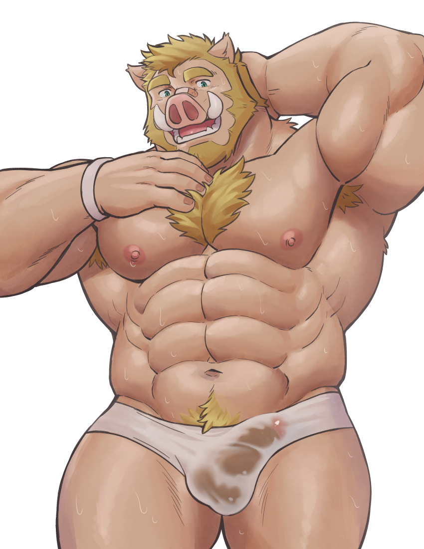 2019 5_fingers abs absurd_res adios anthro armpit_hair balls band-aid bandage beard biceps blonde_hair blue_eyes bodily_fluids body_hair briefs chest_hair clothed clothing digital_media_(artwork) eyebrows facial_hair fingers front_view fur glans green_eyes hair hand_behind_head hi_res humanoid_penis looking_at_viewer male mammal muscular muscular_male navel nipples open_mouth pecs penis pink_glans pink_nipples pink_nose portrait pubes quads simple_background skimpy smile solo suid suina sus_(pig) sweat tan_balls tan_body tan_fur tan_penis teeth thick_eyebrows three-quarter_portrait tongue topless translucent translucent_briefs translucent_clothing translucent_underwear triceps tusks underwear wet wet_clothing wet_underwear white_background wild_boar wristband