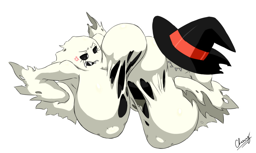 angry bakemon black_body black_sclera breasts cheese_cake cleavage clothed clothing digimon digimon_(species) ghost hat headgear headwear nipple_outline not_furry sharp_teeth smile soulmon spirit teeth torn_clothing translucent undead white_body white_pupil witch_hat