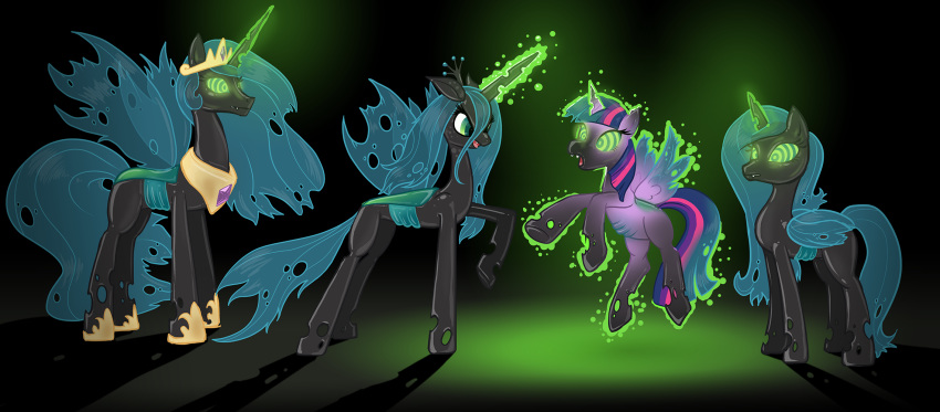 2014 alternate_species arthropod changeling corruption domination equid equine fangs feathered_wings feathers female female_domination friendship_is_magic fur glowing glowing_eyes green_eyes green_hair group hair horn horse hypnosis insect_wings long_hair magic mammal mind_control mistresscelestia multicolored_hair my_little_pony princess_cadance_(mlp) princess_celestia_(mlp) purple_body purple_feathers purple_fur queen_chrysalis_(mlp) transformation twilight_sparkle_(mlp) winged_unicorn wings