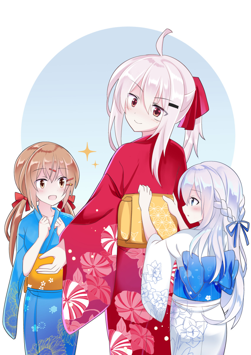 3girls :d absurdres ahoge alternate_hairstyle blue_eyes blue_kimono blush braid brown_eyes brown_hair collarbone eyebrows_visible_through_hair facial_scar fathom floral_print gangut_(kantai_collection) hair_between_eyes hibiki_(kantai_collection) highres japanese_clothes kantai_collection kimono long_hair low_twintails multiple_girls obi open_mouth orange_eyes red_kimono sash scar silver_hair smile tashkent_(kantai_collection) twintails white_hair white_kimono