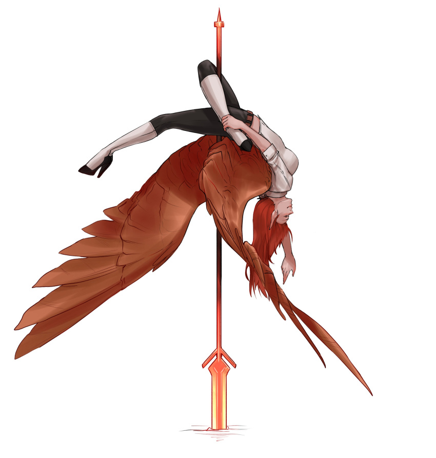 1girl absurdres belt black_pants boots breasts closed_eyes commentary english_commentary feathered_wings flexible full_body high_heel_boots high_heels highres knee_boots less long_hair orange_hair original outstretched_arm outstretched_leg pants planted_weapon pointy_ears pole_dancing polearm shirt simple_background smile solo spear spread_wings upside-down weapon white_background white_footwear white_shirt wings