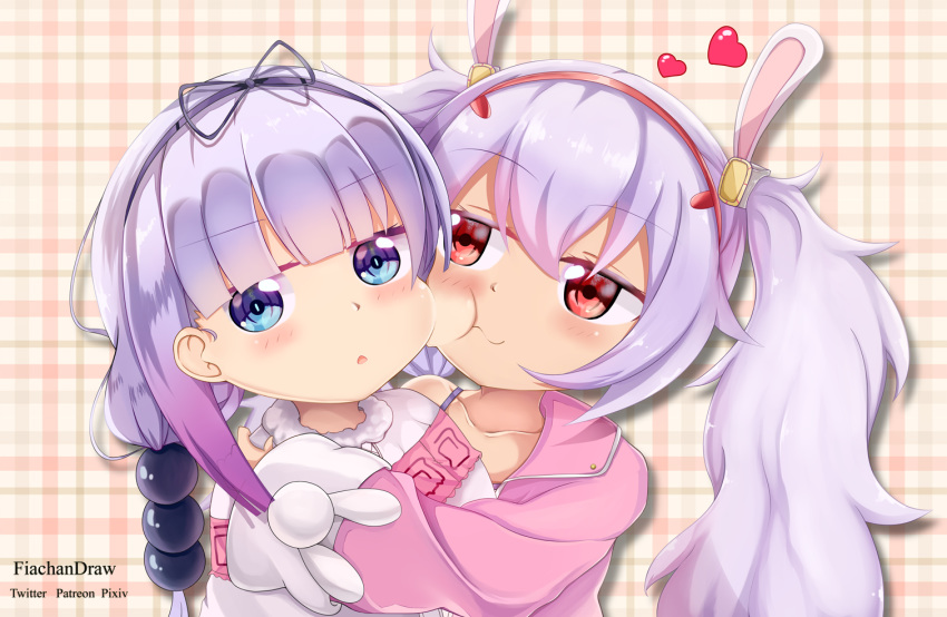 2girls animal_ears azur_lane blue_eyes bunny_ears capelet cheek-to-cheek commentary_request dragon_girl dragon_horns eyebrows_visible_through_hair fur_trim hair_bobbles hair_ornament hairband heart horns hug hug_from_behind jacket kanna_kamui kobayashi-san_chi_no_maidragon laffey_(azur_lane) long_hair long_sleeves multiple_girls naganawa_maria off_shoulder open_clothes open_jacket pink_jacket plaid plaid_background purple_hair red_eyes seiyuu_connection tetryondecay twintails