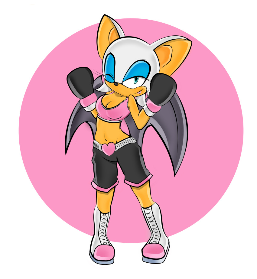 anthro blue_eyes boxing breasts chiropteran cleavage clothed clothing female hi_res mammal membrane_(anatomy) membranous_wings navel on_model one_eye_closed rouge_the_bat solo sonic_the_hedgehog_(series) sport tinmanti wings wink