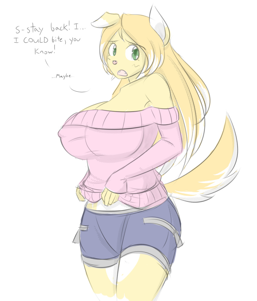 2013 anthro big_breasts biped bottomwear breasts canid canine canis cleavage clothed clothing cute_fangs domestic_dog female hi_res looking_at_viewer mammal shorts simple_background solo standing sweater theycallhimcake topwear truffles