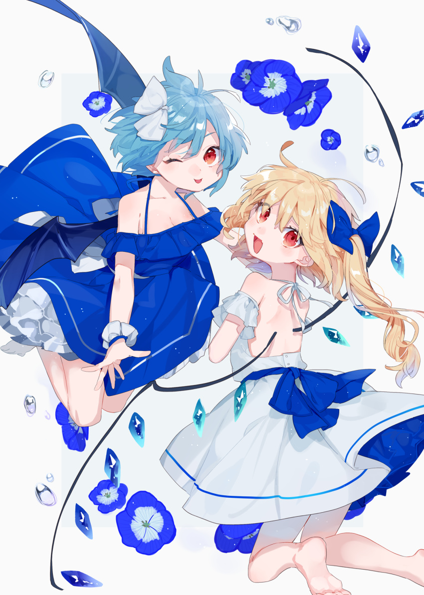 2girls :d ahoge back backless_dress backless_outfit bangs bare_legs bare_shoulders bat_wings blonde_hair blue_bow blue_flower blue_hair blue_ribbon blush bow breasts cleavage commentary_request dress eyebrows_visible_through_hair eyes_visible_through_hair fang flandre_scarlet floating_hair flower flower_request frilled_dress frills gradient gradient_wings hair_between_eyes hair_bow hands_up highres jumping layered_dress legs_up light_particles looking_at_viewer looking_back mokyuko multicolored multicolored_wings multiple_girls off-shoulder_dress off_shoulder one_eye_closed open_mouth orange_eyes out_of_frame outside_border outstretched_arms petticoat rectangle red_eyes remilia_scarlet ribbon ruffled_dress sash short_hair short_hair_with_long_locks shoulder_blades siblings simple_background sisters skin_fang smile swept_bangs tagme touhou violet_(flower) water_drop white_background white_bow white_ribbon wings wrist_cuffs