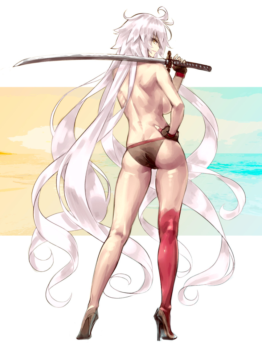 1girl ass bikini black_bikini black_gloves fate/grand_order fate_(series) from_behind full_body gloves hayama_kazusa high_heels highres jeanne_d'arc_(alter_swimsuit_berserker) jeanne_d'arc_(fate)_(all) katana long_hair multicolored multicolored_background o-ring o-ring_bottom red_legwear single_thighhigh solo swimsuit sword thighhighs topless very_long_hair weapon white_background white_hair yellow_eyes