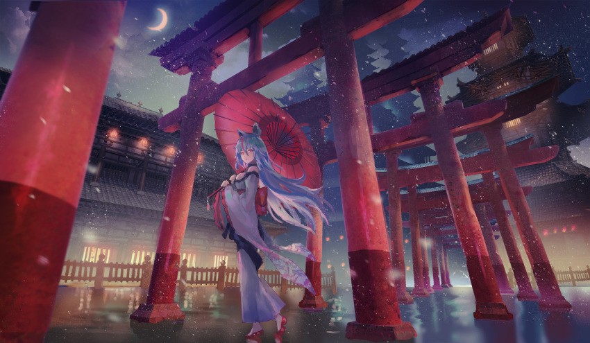 1girl animal_ears back_bow bare_shoulders bow breasts building cloud cloudy_sky commentary_request crescent_moon denki floating_hair grey_kimono holding holding_umbrella japanese_clothes kimono lantern long_hair long_sleeves looking_at_viewer medium_breasts moon multicolored_hair night night_sky oriental_umbrella original outdoors parted_lips red_bow red_eyes red_footwear red_hair red_umbrella silver_hair sky solo streaked_hair torii umbrella very_long_hair walking wide_sleeves