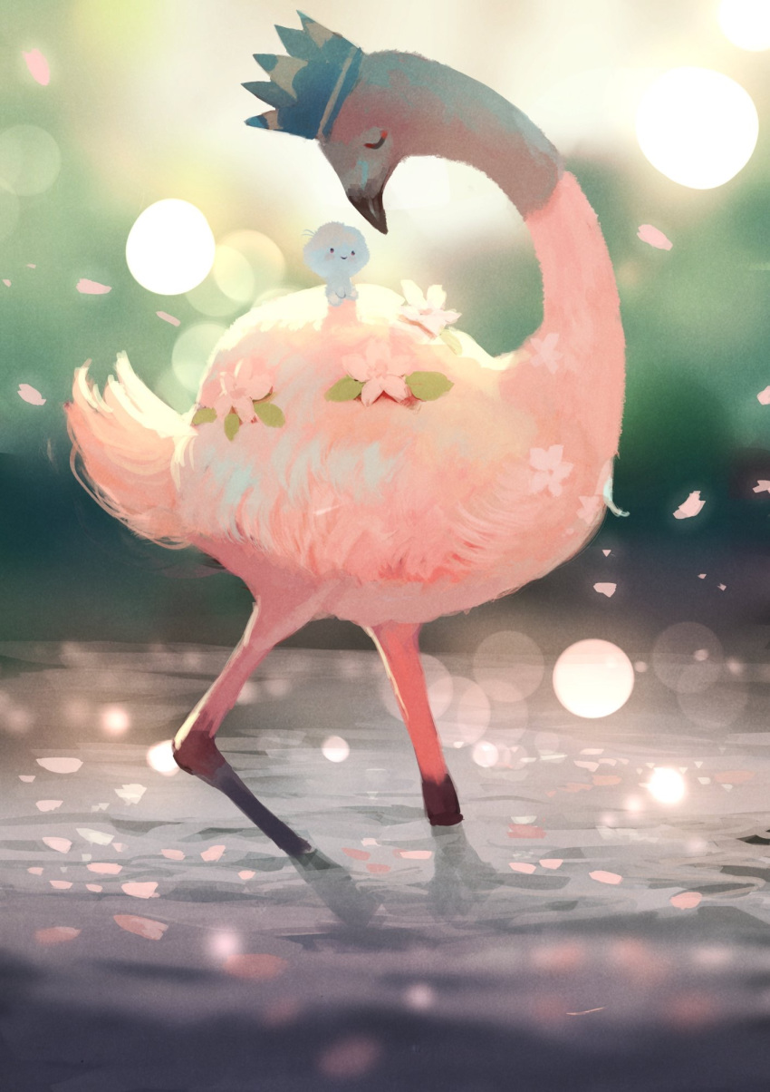 1other animal bird bird_focus closed_eyes commentary_request crown flamingo flower highres lens_flare manino_(mofuritaionaka) no_humans original petals smile water