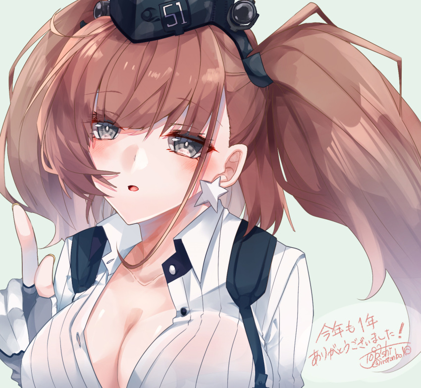 1girl :o atlanta_(kantai_collection) bangs breasts cleavage earrings fingernails gloves hair_strand headgear highres index_finger_raised jewelry kantai_collection long_hair looking_at_viewer partially_unbuttoned partly_fingerless_gloves shirt signature simple_background solo star star_earrings suspenders togashi_(choco-bakama_kitchen) two_side_up upper_body white_shirt yellow_nails