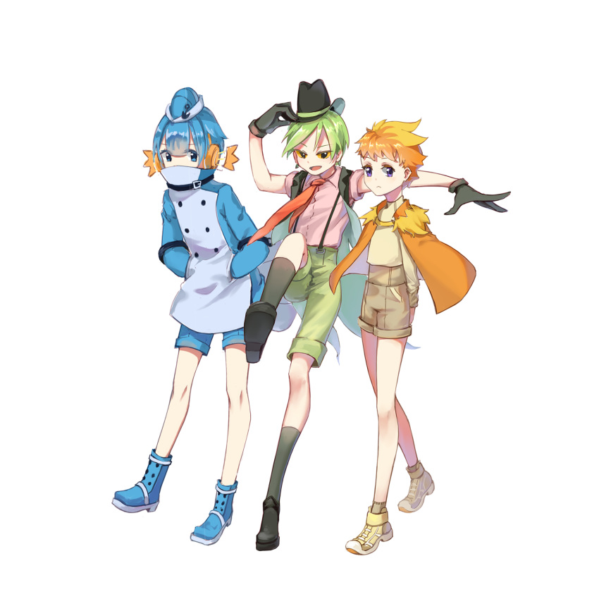 :d adjusting_clothes adjusting_hat androgynous arm_up black_eyes black_footwear black_gloves black_headwear black_legwear blue_eyes blue_footwear blue_shorts brown_shorts cape coat frown gloves hands_in_pockets hat headphones highres kneehighs mudkip necktie open_mouth orange_cape orange_hair personification pink_shirt pokemon shirt shoes short_hair short_sleeves shorts smile sneakers standing standing_on_one_leg sunuo_de_justwe_zidong_shou_huoji suspenders torchic treecko yellow_footwear yellow_sclera