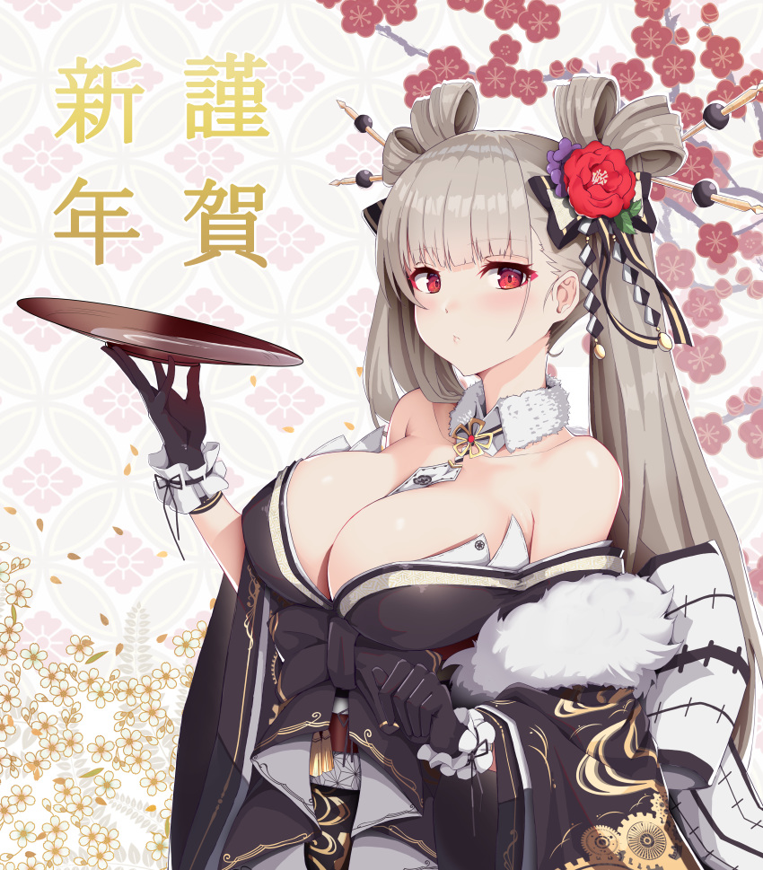 1girl absurdres alcohol armor asa_no_ha_(pattern) azur_lane balancing bangs between_breasts black_gloves blunt_bangs blush breasts cleavage covered_nipples cup detached_collar eyebrows_visible_through_hair eyeliner flower folded_hair formidable_(azur_lane) fur_trim gear_print gloves hair_flower hair_ornament hair_ribbon hair_stick hair_strand happy_new_year happymonk highres huge_filesize japanese_armor japanese_clothes kanzashi kimono large_breasts long_hair long_sleeves looking_at_viewer makeup new_year off_shoulder petals puckered_lips red_eyes red_flower ribbon ribbon_trim sakazuki sake sash shippou_(pattern) shoulder_armor sode solo tassel twintails upper_body wrist_cuffs