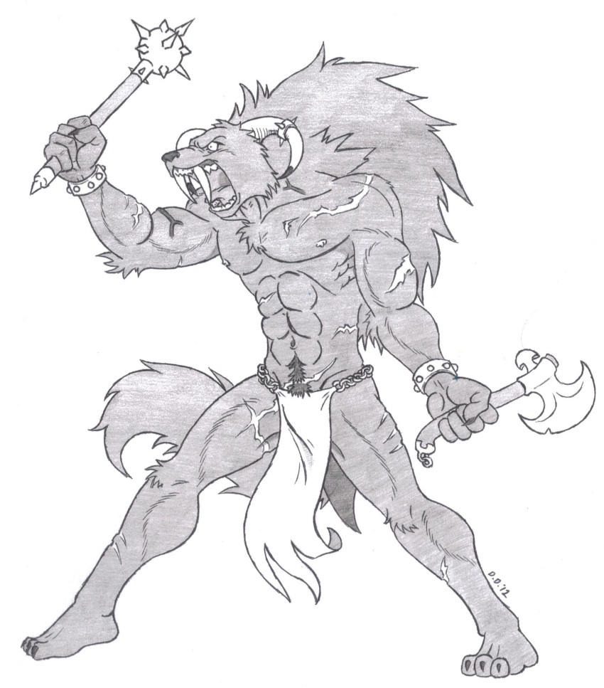 anthro axe bracelet fangs gnoll hi_res holding_object holding_weapon horn hyaenid jewelry mace male mammal melee_weapon muscular pubes solo tarathiellyris weapon