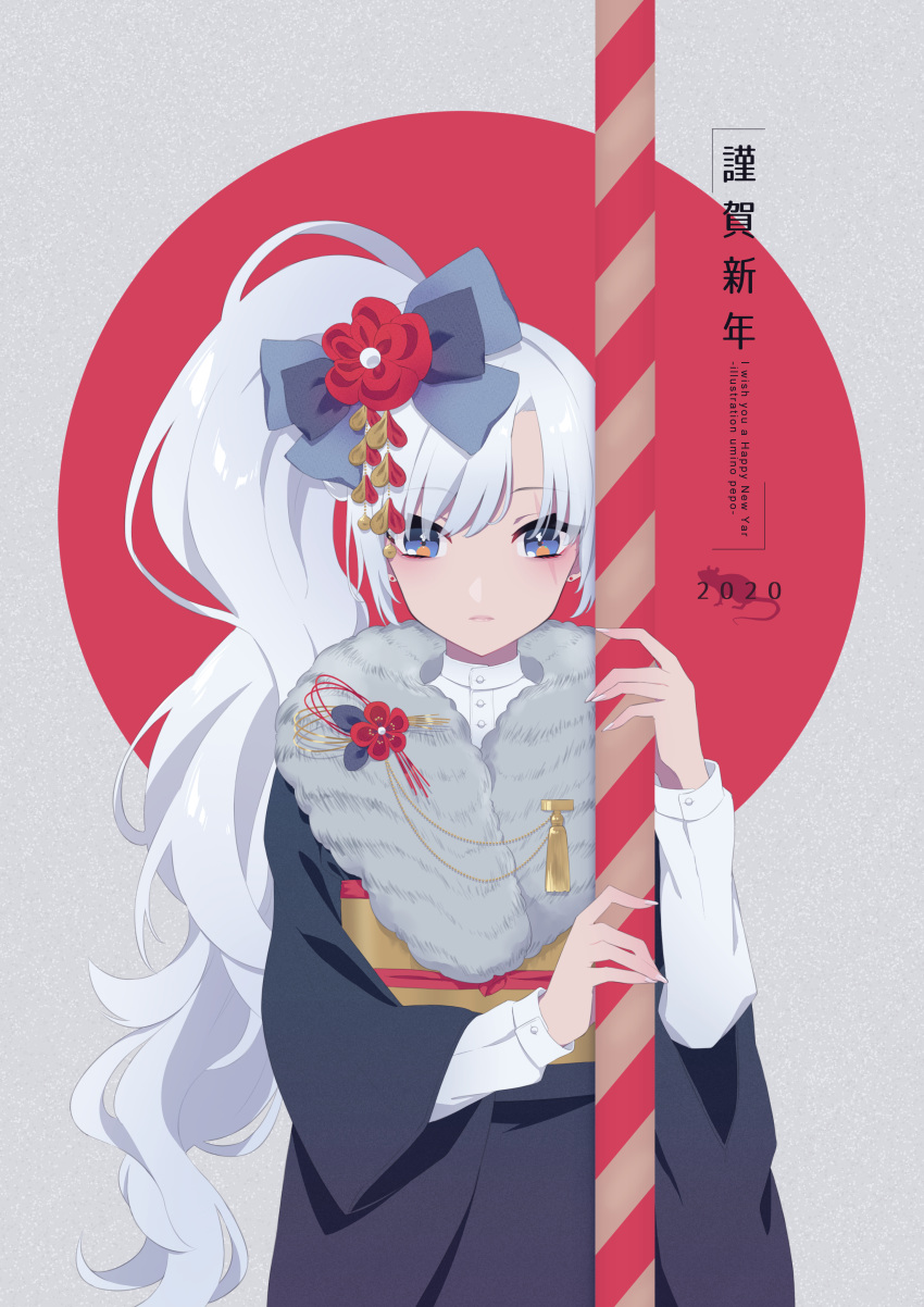 1girl absurdres artist_name bangs black_kimono blue_bow blue_eyes bow closed_mouth commentary_request cowboy_shot earrings english_text eyebrows_visible_through_hair facial_scar flower hair_bow happy_new_year highres japanese_clothes jewelry kimono long_hair long_sleeves looking_at_viewer maguro_(guromaguro) mixed-language_commentary new_year obi pink_lips red_flower rising_sun rwby sash scar scar_across_eye sidelocks solo stud_earrings sunburst very_long_hair weiss_schnee white_hair